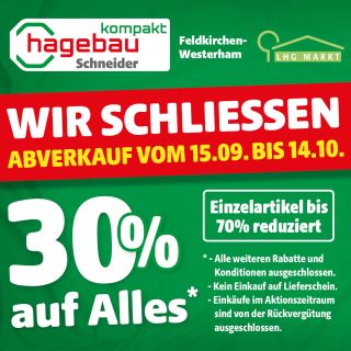 

	Wir schliessen   

	Markierte Einzelartikel bis 70% reduziert
		Gelber Punkt 50% RabattRoter Punkt 70% Rabatt
		
		*
		- Alle weiteren Rabatte und Konditionen ausgeschlossen.
		- Kein Einkauf auf Lieferschein.
		- Einkäufe im Aktionszeitraum sind von der Rückvergütung ausgeschlossen.

